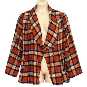 Cato Womens Jacket Plus 22W Orange Blue Plaid Drape Front Drawstring Relaxed